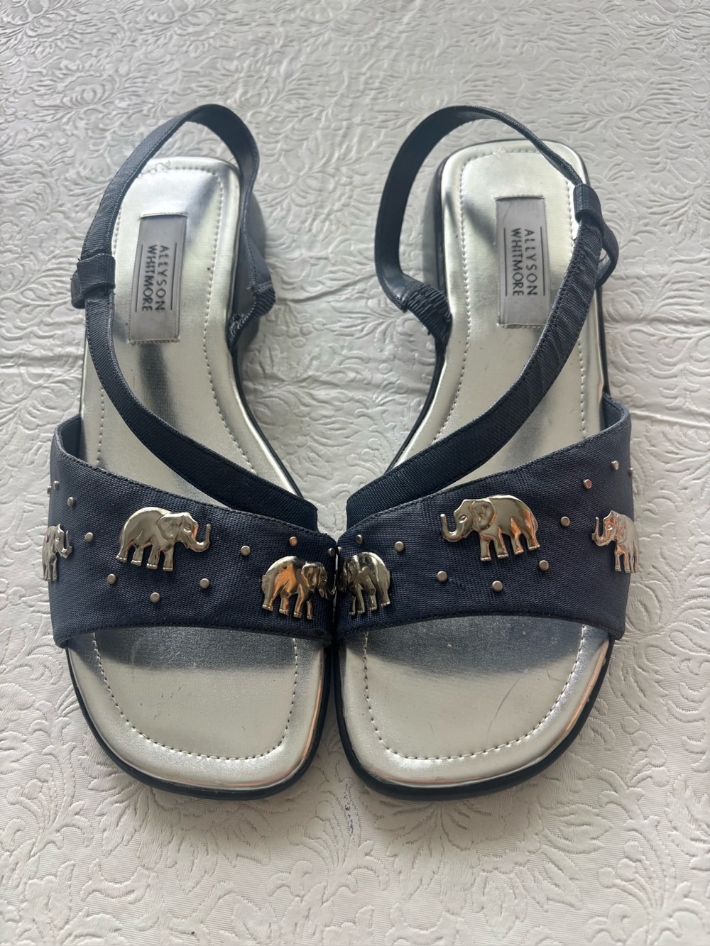 Vintage Allyson Whitmore Silver Elephant-Embellished Slingback Sandals, Size 9